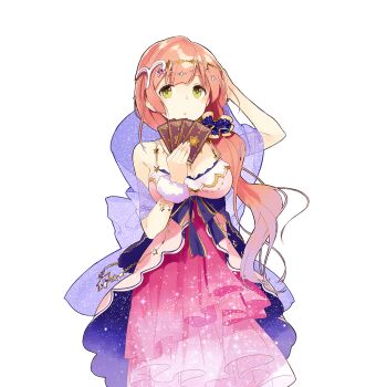 Rule 34 | 1girl, bare shoulders, breasts, card, cleavage, dress, green eyes, hair ornament, hand on own head, holding, holding card, long hair, medium breasts, milfy (uchihime), pink dress, pink hair, purple scarf, scarf, see-through scarf, tarot, tarot card, uchi no hime-sama ga ichiban kawaii