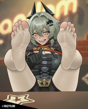 1girl @_@ absurdres artist_name bare_legs barefoot black_gloves black_shorts blurry blurry_background blush breasts caesar_king_(zenless_zone_zero) cleavage double-parted_bangs feet feet_up foot_focus fur_collar gloves green_hair hair_intakes hair_ornament highres large_breasts legs_up looking_at_viewer mazatlark open_mouth pale_skin pointing pointing_at_viewer short_shorts shorts sidelocks sitting soles solo toes twitter_username x_hair_ornament yellow_eyes zenless_zone_zero