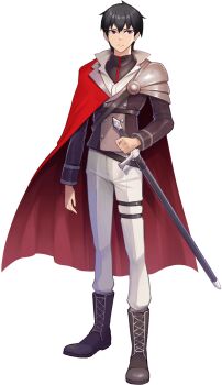 1boy armor artist_request bandai_namco black_boots black_hair black_jacket black_sleeves boots buttons cape closed_mouth collared_shirt double-breasted dress_pants dress_shirt full_body hair_between_eyes highres holding holding_sword holding_weapon jacket john_(wadiverse)_(taiko_no_tatsujin) lace-up_boots lapels legs_apart long_sleeves looking_to_the_side notched_lapels official_art pants pauldrons purple_eyes red_cape second-party_source sheath shirt short_hair shoulder_armor single_pauldron sleeve_cuffs solo standing sword taiko_no_tatsujin thigh_strap tsurime wada_john weapon white_pants white_shirt