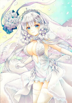 1girl amateras azur_lane blue_eyes breasts bridal_veil center_opening dress flower gloves halter_dress halterneck illustrious_(azur_lane) illustrious_(morning_star_of_love_and_hope)_(azur_lane) lace lace-trimmed_dress lace_trim large_breasts long_hair looking_at_viewer mole mole_under_eye official_alternate_costume rose solo thighhighs tiara traditional_media tri_tails veil wedding_dress white_dress white_flower white_gloves white_hair white_rose white_thighhighs