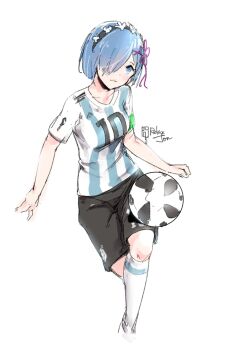 10s 1girl 2018_fifa_world_cup adidas argentina argentinian_flag argentinian_flag_print ball black_shorts blue_eyes blue_hair blush bracelet female_focus flag_print flower hair_ornament hair_over_one_eye hairband jewelry looking_at_viewer numbers'_uniform open_mouth re:zero_kara_hajimeru_isekai_seikatsu relaxjon rem_(re:zero) shirt short_hair shorts soccer soccer_ball soccer_uniform solo sportswear striped_clothes striped_shirt telstar_18 vertical-striped_clothes vertical-striped_shirt white_background white_legwear world_cup