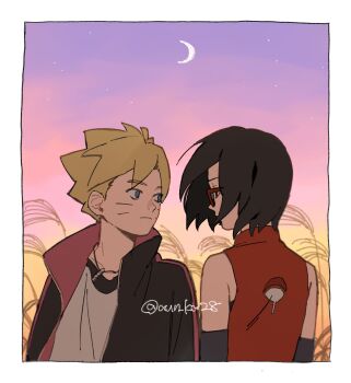 1boy 1girl black_hair black_jacket blonde_hair blue_eyes boruto:_naruto_next_generations crescent_moon detached_sleeves expressionless eye_contact glasses highres jacket jewelry light_frown looking_at_another moon naruto_(series) necklace onka_(aun_ka28) purple_sky red-framed_eyewear short_hair sky star_(sky) twitter_username uchiha_sarada uchiha_symbol uzumaki_boruto