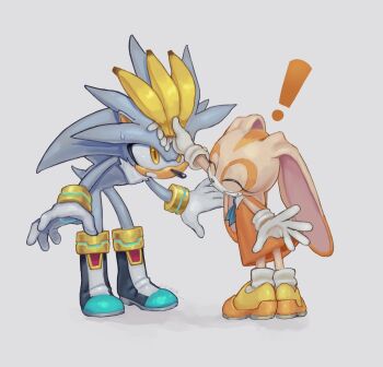 Rule 34 | !, 1boy, 1girl, absurdres, animal ears, banana, boots, brown eyes, brown fur, cicirca, closed eyes, cream the rabbit, dress, food, fruit, furry, furry female, furry male, gloves, grey fur, hedgehog, highres, holding, holding food, holding fruit, orange dress, rabbit ears, rabbit girl, shirt, silver the hedgehog, sleeveless, sleeveless shirt, sonic (series), white gloves, yellow boots