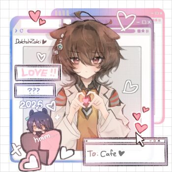 2girls agnes_tachyon_(tach-nology)_(umamusume) agnes_tachyon_(umamusume) ahoge animal_ears black_hair black_necktie blush brown_hair chemical_structure closed_mouth coat cursor doktahzaki ear_tag earrings ears_down four-finger_handjob hair_between_eyes heart heart_hands highres horse_ears horse_girl jewelry lab_coat long_bangs long_hair long_hair_between_eyes long_sleeves manhattan_cafe_(umamusume) multicolored_hair multiple_girls necktie red_eyes shirt short_necktie single_earring sweater umamusume very_long_hair white_coat white_hair yellow_eyes yellow_sweater yuri