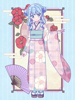 Rule 34 | 1girl, absurdres, black sandals, blue background, blue eyes, blue hair, blush, bright pupils, closed mouth, commentary request, double bun, floral print, floral print kimono, flower, full body, green sash, hair bun, hand fan, highres, japanese clothes, kimono, long hair, long sleeves, looking at viewer, magia record: mahou shoujo madoka magica gaiden, mahou shoujo madoka magica, minami rena, obi, okobo, outline, pink kimono, platform sandals, print kimono, red flower, ruru (rurumagi), sandals, sash, smile, socks, solo, standing, striped background, tabi, vertical-striped background, white outline, white pupils, white socks, wide sleeves