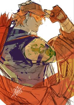 Rule 34 | archery, arsenal (dc), baseball cap, batman (series), bodysuit, dc comics, gloves, hat, highres, jacket, male focus, multicolored bodysuit, muscular, muscular male, orange hair, pants, red bodysuit, red hood and the outlaws, roy harper, short hair, superhero costume, taut bodysuit, tokitokororo, two-tone bodysuit