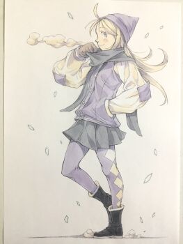 1girl adjusting_scarf beanie black_boots black_hat black_scarf black_skirt blonde_hair blue_eyes boots breath brown_gloves buttons closed_mouth commentary elbow_patches from_side full_body fur-trimmed_boots fur_trim gloves grey_pantyhose hail hand_in_pocket hand_up hat highres jacket letterman_jacket long_hair looking_at_viewer original pantyhose peter_salt pleated_skirt scarf sideways_glance skirt smile solo standing traditional_media white_background winter_clothes