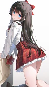 1girl absurdres black_hair blue_eyes bow breasts frilled_skirt frills hair_bow hair_ornament half_updo heart heart_hair_ornament highres ika_(4801055) long_hair long_sleeves looking_at_viewer looking_back medium_breasts red_skirt shirayuki_hina shirt shirt_tucked_in simple_background skirt solo stellive virtual_youtuber white_background white_shirt