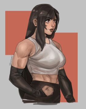 1girl bare_shoulders breasts brown_hair detached_sleeves final_fantasy final_fantasy_vii highres lips long_hair medium_breasts muscular muscular_female simple_background solo strawderryst tank_top tifa_lockhart upper_body white_tank_top