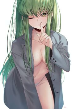 1girl breasts budgiepon c.c. cleavage code_geass collarbone green_hair grey_shirt grin highres index_finger_raised leaning_forward long_hair looking_at_viewer medium_breasts naked_shirt navel no_bra one_eye_closed open_clothes open_shirt panties parted_lips shirt simple_background smile solo stomach underwear very_long_hair white_background white_panties yellow_eyes