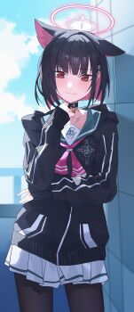 1girl absurdres animal_ears black_choker black_jacket black_pantyhose blue_archive blue_sky blunt_ends blush bob_cut cat_ears cat_girl choker cloud colored_inner_hair commentary_request contrapposto cowboy_shot day double_vertical_stripe eimizzzzz extra_ears green_sailor_collar hair_ornament hairclip halo hand_up highres hood hood_down hooded_jacket jacket kazusa_(blue_archive) light_smile long_sleeves looking_at_viewer multicolored_hair neckerchief pantyhose pendant_choker pink_halo pink_neckerchief pleated_skirt red_eyes sailor_collar school_uniform serafuku shadow short_hair single_ear_down skirt sky solo standing trinity_general_school_logo white_skirt