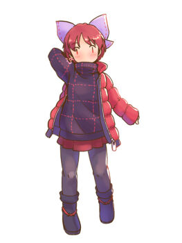 1girl alternate_costume black_boots black_pants black_sweater blue_bow blush boots bow coat commentary_request full_body grid_print hair_bow hand_up no_mouth pants pleated_skirt rangycrow red_coat red_eyes red_hair red_skirt sekibanki simple_background skirt solo sweater touhou white_background winter_clothes zipper_pull_tab