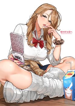 1girl absurdres aged_down animal_print anna-san_(sakura_no_tomoru_hi_e) artist_name black_skirt blush bow bowtie breasts brown_cardigan brown_hair cardigan cardigan_around_waist cellphone cellphone_charm charm_(object) closed_mouth clothes_around_waist collared_shirt commentary_request drinking_straw earrings elbow_on_thigh finger_to_cheek fingernails flip_phone from_below grey_eyes gyaru hair_between_eyes hand_up highres holding holding_phone hoop_earrings indian_style jewelry knees_out_of_frame kogal large_breasts leopard_print lips lollipop_in_mouth long_fingernails long_hair looking_at_phone looking_down loose_bowtie loose_socks milk_carton miniskirt nail_polish on_floor original phone pink_nails print_scrunchie red_bow red_bowtie ribbed_socks sakura_no_tomoru_hi_e school_uniform scrunchie shirt shoes simple_background sitting skirt sleeves_pushed_up socks solo three-quarter_sleeves twitter_username white_background white_shirt white_shoes white_socks wooden_floor wrist_scrunchie