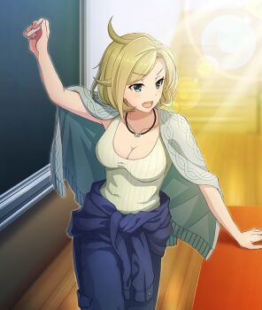 Rule 34 | 1girl, :d, ahoge, aran sweater, arm up, blonde hair, blue suit, breasts, cable knit, chalk, chalkboard, cleavage, clothes around waist, clothes on shoulders, collarbone, desk, formal clothes, game cg, green eyes, green sweater, green tank top, hand on table, holding, holding chalk, jewelry, large breasts, lens flare, light rays, looking to the side, mole, mole under mouth, necklace, official art, open mouth, ribbed tank top, shirt, shirt around waist, short hair, smile, solo, stairs, suit, sweater, tanaka taeko, tank top, teacher, teeth, third-party source, toji no miko, toji no miko: kizamishi issen no tomoshibi, upper teeth only, wooden floor