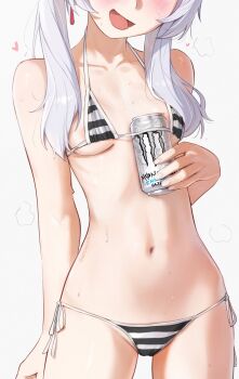 1girl alternate_costume areola_slip bare_shoulders bikini blush breasts can can_between_breasts collarbone commentary cowboy_shot drink_can earrings elf energy_drink english_commentary eyes_out_of_frame frieren grey_hair head_out_of_frame head_tilt heart highres holding holding_can jewelry long_hair micro_bikini monster_energy navel open_mouth pointy_ears side-tie_bikini_bottom simple_background small_breasts smile solo sousou_no_frieren stomach striped_bikini striped_clothes sweat swimsuit thighs twintails underboob variant_set waligner white_background
