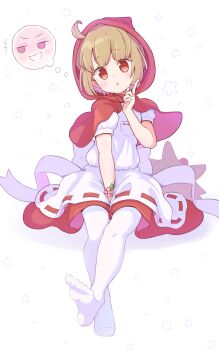 1girl absurdres ahoge animal_ear_hood between_legs blush breast_pocket brown_hair cloak dress_ribbon fake_animal_ears grin hand_between_legs hand_on_own_face highres hood hooded_cloak image_in_thought_bubble jazz_grace multiple_expressions official_alternate_costume open_mouth pantyhose pocket puyopuyo rebecca_(puyopuyo_quest) red_eyes red_hood ribbon short_hair sitting smile solo speech_bubble star_(symbol) thought_bubble unworn_headwear white_pantyhose white_ribbon