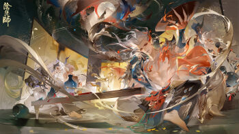 Rule 34 | 2boys, abs, absurdres, bamboo screen, barefoot, black hair, black hakama, black kimono, black sky, bracer, broken horn, chabudai, chinese commentary, claws, cloud, commentary request, copyright name, demon horns, elbow on table, fire, fish, floating hair, flying fish, forehead, full body, full moon, hakama, hakama pants, hand on own cheek, hand on own face, hand on own hip, highres, horns, japanese clothes, kimono, logo, long hair, looking at viewer, male focus, moon, multicolored hair, multiple boys, night, night sky, official art, onmyoji, pants, parted lips, pectorals, purple horns, red hair, shang fa, sky, smile, smoke, streaked hair, table, thick eyebrows, toned, toned male, topless male, two-tone hair, two-tone kimono, vase, very long hair, white hair, white kimono, wind