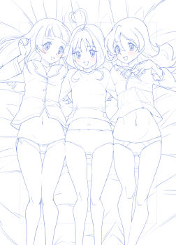Rule 34 | 3girls, ahoge, alternate hairstyle, aokaze nana, arm around back, bed sheet, blue theme, blush, bow, bow panties, cameltoe, cleft of venus, commentary, crotch seam, from above, girl sandwich, gluteal fold, hair down, hand on own chest, highres, kimi to idol precure, long hair, long sleeves, looking at viewer, medium hair, micro panties, miyagoe yoshitsuki, monochrome, multiple girls, navel, no pants, on bed, open mouth, pajamas, panties, precure, pussy, sakura uta (precure), sandwiched, shigure kokoro, shirt, short sleeves, side-by-side, side-tie panties, sleepwear, smile, spot color, string panties, thigh gap, underwear