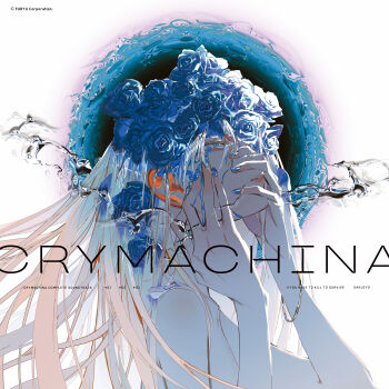 1girl absurdres album_cover bare_shoulders blonde_hair blue_eyes blue_flower blue_nails blue_rose cover crymachina english_text enoa_(crymachina) expressionless floating_liquid flower hair_flower hair_ornament hands_on_own_face highres long_hair official_art rolua rose solo upper_body water
