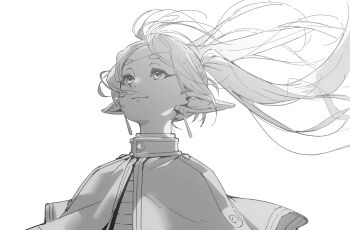 1girl capelet closed_mouth commentary drive_shot elf english_commentary frieren greyscale highres light_smile long_hair meme monochrome pointy_ears simple_background smile solo sousou_no_frieren thick_eyebrows twintails upper_body upward_angle_frieren_drawing_(meme) white_background wind