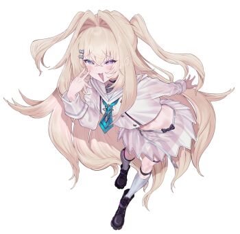 Rule 34 | 1girl, :3, aqua neckerchief, blonde hair, blue eyes, blush, boots, cropped shirt, full body, grey socks, hair intakes, hand up, heart, heart-shaped pupils, heterochromia, highres, kneehighs, leaning forward, long hair, long sleeves, looking at viewer, mementovanitas, midriff, miniskirt, neckerchief, open mouth, purple eyes, riot music, see-through clothes, see-through silhouette, see-through skirt, shirogami seisho, simple background, skirt, smug, socks, solo, standing, symbol-shaped pupils, two side up, very long hair, virtual youtuber, white background