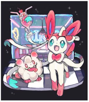 :d animal_focus black_background blue_eyes border bow bright_pupils cup diner fangs full_body gen_6_pokemon highres holding holding_cup looking_at_viewer milkshake nintendo no_humans oisisabatugun open_mouth pink_eyes pink_fur pokemon pokemon_(creature) pokemon_focus ribbon simple_background smile standing swirlix sylveon tongue tongue_out two-tone_fur white_border white_fur white_pupils