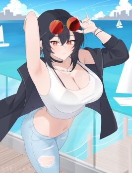 1girl absurdres adjusting_eyewear alternate_costume armpits arms_up artist_name black_bra black_choker black_hair black_jacket blue_pants blue_sky blush bra bracelet breasts choker cleavage cloud collarbone commentary crop_top english_commentary eyewear_on_head grace_howard hair_between_eyes highres jacket jacket_partially_removed jewelry large_breasts midriff multiple_rings navel necklace outdoors pants parted_lips red-tinted_eyewear red_eyes ring round_eyewear see-through_clothes see-through_shirt shirt silver_ring sky solo stellar_(ssstellar) sunglasses tinted_eyewear torn_clothes torn_pants underwear white_shirt zenless_zone_zero