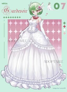 1girl adoptable artist_name bob_cut character_name dress elbow_gloves flower gardevoir gen_3_pokemon gloves green_hair hair_flower hair_ornament highres humanization mega_gardevoir mega_pokemon nintendo pink_eyes pink_flower pointy_ears pokemon pokemon_(creature) reference_inset white_dress white_gloves yumichi99