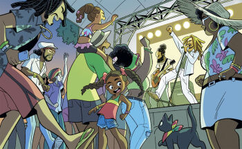 :d black_hair blue_sky braid braided_twintails brown_hair carrying cat cellphone child commentary_request concert curly_hair dancing dark-skinned_female dark-skinned_male dark_skin dreadlocks dusk earrings gradient_sky guitar gurihiru hair_bun hat holding holding_microphone holding_phone hoop_earrings instrument jamaica jewelry microphone microphone_stand multiple_boys multiple_girls music open_mouth orange_sky original phone playing_guitar playing_instrument rasta rastafarian short_hair shoulder_carry sky smile stage stage_lights sun_hat