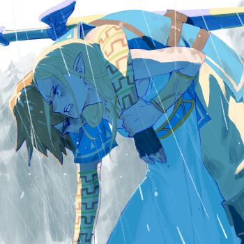 1boy 1girl 55bata6rou black_gloves blonde_hair blue_tunic carrying carrying_person clenched_teeth closed_eyes closed_mouth cowboy_shot desperation dirty dirty_face dress fingerless_gloves furrowed_brow gloves grey_background highres holding_another's_wrist link long_hair looking_ahead nintendo outdoors pants pointy_ears princess_zelda rain sleeveless sleeveless_dress standing sword sword_on_back teeth the_legend_of_zelda the_legend_of_zelda:_breath_of_the_wild tunic unconscious weapon weapon_on_back wet wet_hair white_dress