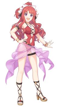 1girl akino_(princess_connect!) akino_(summer)_(princess_connect!) armpits bare_shoulders bracelet breasts cleavage collar collarbone curly_hair dot_nose full_body hair_ribbon hand_on_own_hip highres jewelry long_hair looking_at_viewer medium_breasts midriff navel official_art one-piece_swimsuit open_hand open_mouth princess_connect! purple_eyes red_hair red_one-piece_swimsuit ribbon sandals solo standing swimsuit tachi-e thigh_strap transparent_background white_ribbon