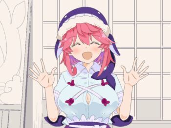 1girl :d ^_^ animated animated_gif blue_shirt blush bouncing_breasts breasts button_gap cleavage closed_eyes happy large_breasts okunoda_miyoi open_mouth pink_hair puuakachan shirt short_hair sidelocks smile solo touhou upper_body waving whale_hat wing_collar