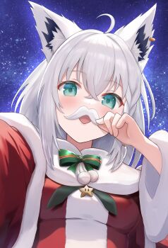 1girl absurdres ahoge animal_ear_fluff animal_ear_piercing animal_ears blush braid breasts capelet christmas commentary_request crossed_bangs dress facial_hair fox_ears fox_girl from_below green_eyes hair_between_eyes highres hololive jewelry long_hair looking_at_viewer mustache night open_mouth red_capelet red_dress shirakami_fubuki sidelocks single_braid sky small_breasts solo upper_body urushinuri virtual_youtuber white_hair