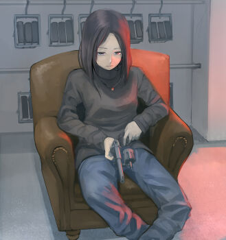 1girl absurdres armchair black_hair black_shirt blue_pants chair closed_mouth denim expressionless feet_out_of_frame gun handgun highres holding holding_gun holding_weapon indoors jeans jewelry kishibojin_pbw long_hair long_sleeves looking_at_viewer medium_hair necklace on_chair original pants revolver shirt sitting solo sweater third-party_source trigger_discipline turtleneck weapon