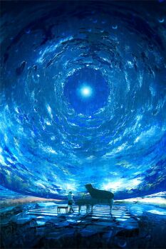 1girl black_hair black_skirt black_socks blue_sky chooco_(chocoshi) cloud full_body full_moon grand_piano grass highres instrument kneehighs moon original piano pleated_skirt rain scenery school_uniform serafuku shirt short_sleeves skirt sky socks solo standing white_shirt wide_shot