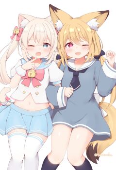 2girls animal_ear_fluff animal_ears bell black_socks blonde_hair blue_dress blue_eyes blue_sailor_collar blue_skirt bow buttons cat_ears cat_girl cat_tail double-breasted dress fang feet_out_of_frame finger_to_own_chin fox_ears fox_girl fox_tail hair_between_eyes hair_bow highres jingle_bell locked_arms long_hair long_sleeves low_twintails midriff miniskirt multiple_girls navel one_eye_closed open_mouth original paw_pose pink_bow pleated_skirt puffy_short_sleeves puffy_sleeves ramune_(tutsucha) red_eyes sailor_collar school_uniform serafuku shirt short_sleeves simple_background skin_fang skirt smile socks tail tail_bow tail_ornament thighhighs tutsucha_illust twintails twitter_username white_background white_shirt white_thighhighs zettai_ryouiki