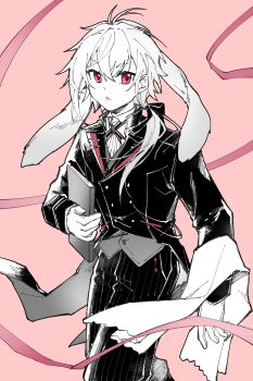 1boy ansel_(arknights) arknights chinese_commentary commentary_request cowboy_shot hair_between_eyes highres holding long_sleeves looking_at_viewer male_focus pants partially_colored piaoliu_ping_ping_ping_pingzi pink_background pink_ribbon red_eyes ribbon short_hair_with_long_locks simple_background solo split_mouth standing striped_clothes striped_pants tailcoat towel vertical-striped_clothes vertical-striped_pants very_long_ears