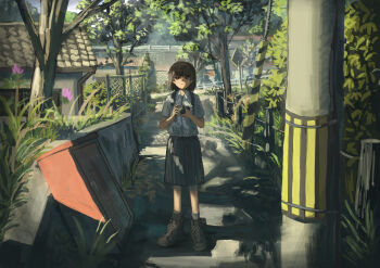 1girl absurdres anko1127 black_skirt boots brown_boots brown_hair camera collared_shirt commentary_request dappled_sunlight day drainpipe dress_shirt expressionless fence foliage grass grey_shirt highres holding holding_camera house looking_at_viewer original outdoors parted_lips path pleated_skirt ribbed_socks road road_sign scenery school_uniform shirt shirt_tucked_in short_hair short_sleeves sign skirt socks solo spring_(season) straight-on sunlight tall_grass tree utility_pole wide_shot