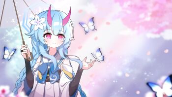 1girl absurdres blue_archive blue_bow blue_bowtie blue_hair bow bowtie braid bridal_gauntlets bug butterfly cherry_blossoms chinese_commentary chise_(blue_archive) closed_mouth commentary demon_horns flower hair_flower hair_ornament highres holding holding_umbrella horns insect japanese_clothes kimono long_hair looking_at_animal low_twintails mixed-language_commentary red_eyes sleeveless sleeveless_kimono smile solo tonghua_sakana twintails umbrella white_kimono white_sleeves