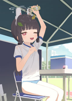 1girl absurdres alternate_costume animal_ears black_hair blue_archive buruma commentary fake_animal_ears gym_uniform halo highres leaf leaf_on_head long_hair miyu_(blue_archive) nyune one_eye_closed red_eyes shirt sitting solo white_shirt