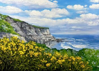 blue_sky cliff cloud cloudy_sky day flower highres kate_avery no_humans ocean oil_painting_(medium) original outdoors painting_(medium) scenery sky traditional_media yellow_flower