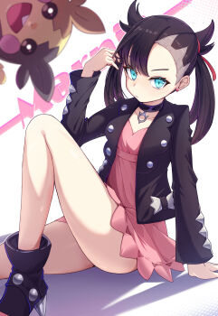 1girl absurdres asymmetrical_bangs bare_legs black_boots black_choker black_hair black_jacket boots choker dress gen_8_pokemon green_eyes hair_ribbon highres jacket like_l looking_at_viewer marnie_(pokemon) morpeko morpeko_(full) nintendo pink_dress pokemon pokemon_(creature) pokemon_swsh ribbon sitting thighs twintails undercut