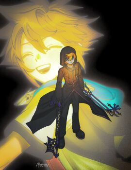 Rule 34 | 2boys, absurdres, black background, black coat, black coat (kingdom hearts), black pants, black shoes, blonde hair, blue eyes, chain, chain necklace, closed eyes, coat, commentary, dual wielding, english commentary, from above, full-length zipper, full body, glowing, highres, holding, holding weapon, hood, hood down, hood up, hooded coat, jacket, jewelry, keyblade, kingdom hearts, kingdom hearts ii, long coat, male focus, moomusapi, multicolored jacket, multiple boys, necklace, open mouth, pants, pendant, roxas, serious, shaded face, shoes, short hair, short sleeves, signature, smile, sora (kingdom hearts), spiked hair, teeth, upper teeth only, weapon, zipper