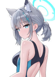 Rule 34 | 1girl, absurdres, animal ear fluff, animal ears, bare arms, bare shoulders, black one-piece swimsuit, blue archive, blue eyes, blue halo, blush, breasts, closed mouth, competition swimsuit, cross hair ornament, extra ears, grey hair, hair ornament, halo, highres, medium breasts, medium hair, official alternate costume, one-piece swimsuit, saho 4545, shiroko (blue archive), shiroko (swimsuit) (blue archive), simple background, solo, swimsuit, upper body, white background, wolf ears