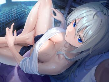 Rule 34 | 1boy, 1girl, absurdres, ahoge, bare legs, barefoot, black shorts, blue eyes, breasts, cleavage, closed mouth, commentary request, computer keyboard, desk, grey hair, hair between eyes, highres, hot, indian style, indoors, large breasts, long hair, looking at viewer, maeshimashi, monitor, original, shirt, shorts, sidelocks, sitting, sitting on lap, sitting on person, solo focus, steam, sweat, towel, very sweaty, white shirt