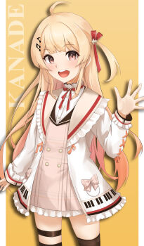 1girl absurdres ahoge blonde_hair character_name commentary_request fortissimo frilled_jacket frilled_sailor_collar frills gradient_hair hair_ornament hair_ribbon highres hololive hololive_dev_is ilie_ilie jacket long_hair long_sleeves looking_at_viewer multicolored_hair musical_note musical_note_hair_ornament one_side_up open_mouth otonose_kanade otonose_kanade_(1st_costume) piano_print pink_eyes ribbon sailor_collar solo thigh_strap thighhighs thighs virtual_youtuber zettai_ryouiki