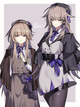 Rule 34 | 2girls, alternate costume, beret, black hat, black pantyhose, border, breasts, brown dress, brown hat, collared shirt, commentary request, cowboy shot, doll joints, dress, dual persona, flower, frown, fukafuka ekaki, hat, hat flower, herta (honkai: star rail), herta (puppet) (honkai: star rail), highres, honkai: star rail, honkai (series), joints, looking at viewer, medium breasts, multiple girls, neckerchief, outside border, pantyhose, pinafore dress, purple flower, purple neckerchief, purple ribbon, ribbon, shirt, signature, simple background, sleeveless, sleeveless dress, smile, stuffed animal, stuffed toy, the herta (honkai: star rail), torn hair ribbon, white border, white dress, white shirt