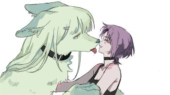Rule 34 | 1girl, animalization, bang dream!, bang dream! it's mygo!!!!!, black choker, black tank top, choker, closed eyes, commentary request, dog, gommotheworld, green dog, hair ornament, hairclip, highres, korean commentary, medium hair, open mouth, purple hair, saliva, simple background, tank top, tongue, tongue out, wakaba mutsumi, white background, wolf cut, yellow eyes, yuutenji nyamu