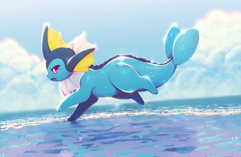 :o bloom blue_sky blue_theme bright_pupils cloud commentary cumulonimbus_cloud day english_commentary from_side full_body gen_1_pokemon glint highres nintendo no_humans open_mouth outdoors pokemon pokemon_(creature) pokemon_focus profile protodesu running shore sky solo sparkle sunlight v-shaped_eyes vaporeon wet white_pupils