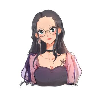 1girl black_hair blue_eyes choker closed_mouth commentary earrings english_commentary glasses highres jewelry long_hair looking_at_viewer nico_robin one_piece pearl_earrings ria_(917_ria) see-through_clothes see-through_sleeves simple_background smile solo twitter_username white_background